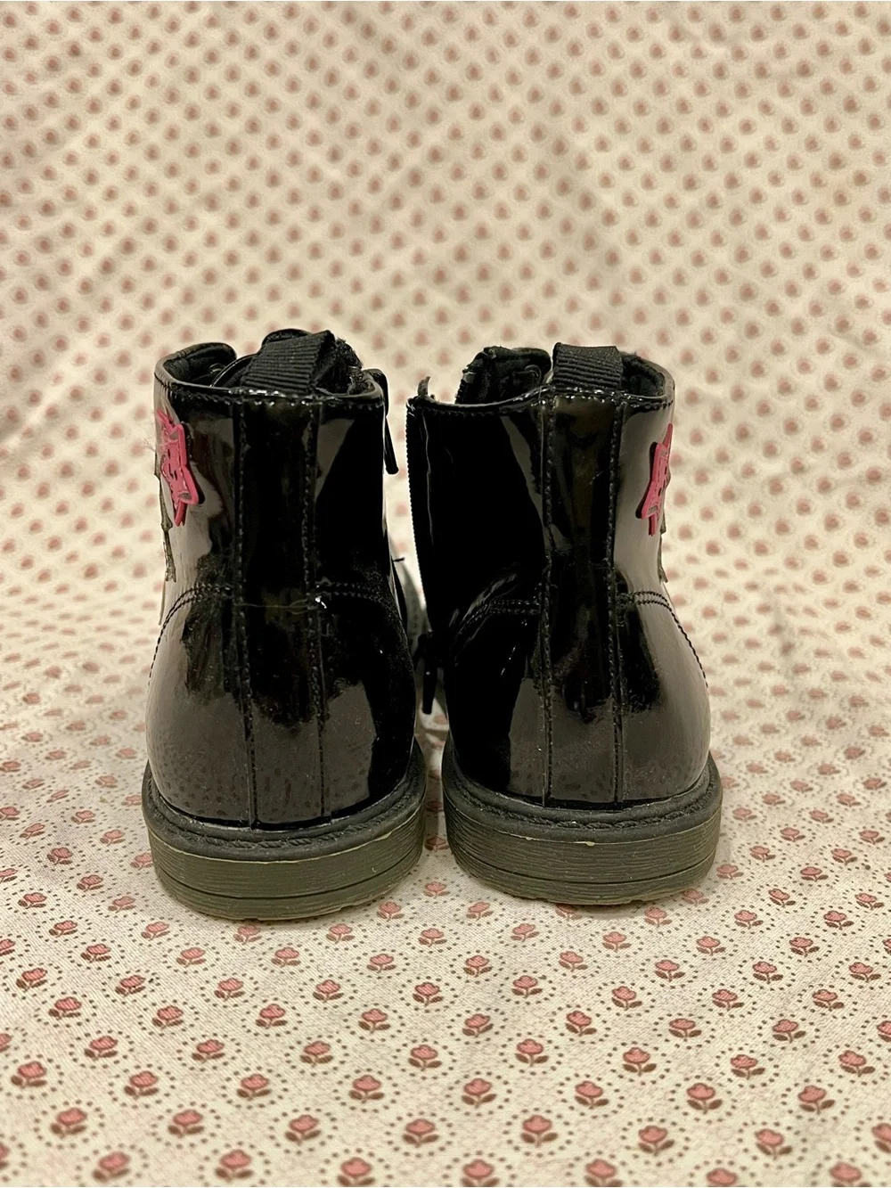 Harper Canyon Girl Black Patent Lace-Up Ankle Boots with Star & Heart Patches